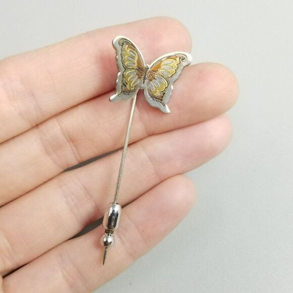Vintage Reed & Barton Damascene Butterfly Stick Pin, Silver Tone Mixed Metal - Picture 2 of 9